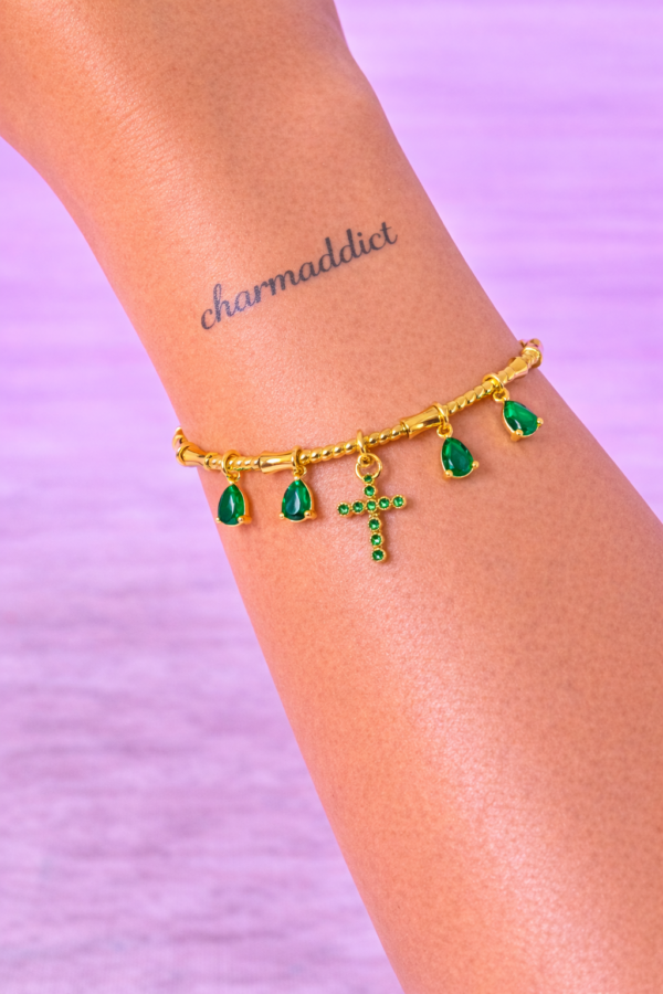 Bracelet Doré Charms Croix & Pierres Vert Émeraude