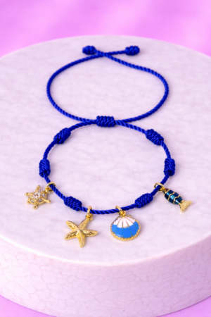 Bracelet Pré-fait Cordon Bleu & Charms Marins Dorés – Enfant & Adulte