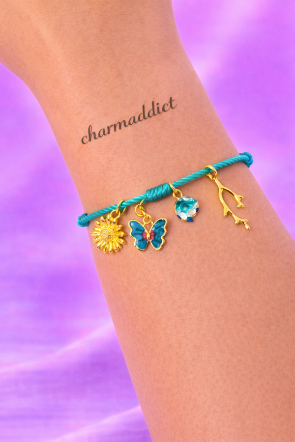 Bracelet Pré-fait Cordon Vert d’Eau & Charms Nature Dorés – Enfant & Adulte