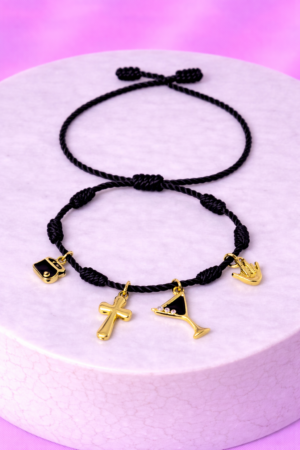 Bracelet Pré-fait Cordon Noir Symboles Dorés – Enfant & Adulte