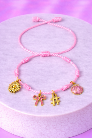 Bracelet Pré-fait Cordon Rose Charms Dorés – Enfant & Adulte