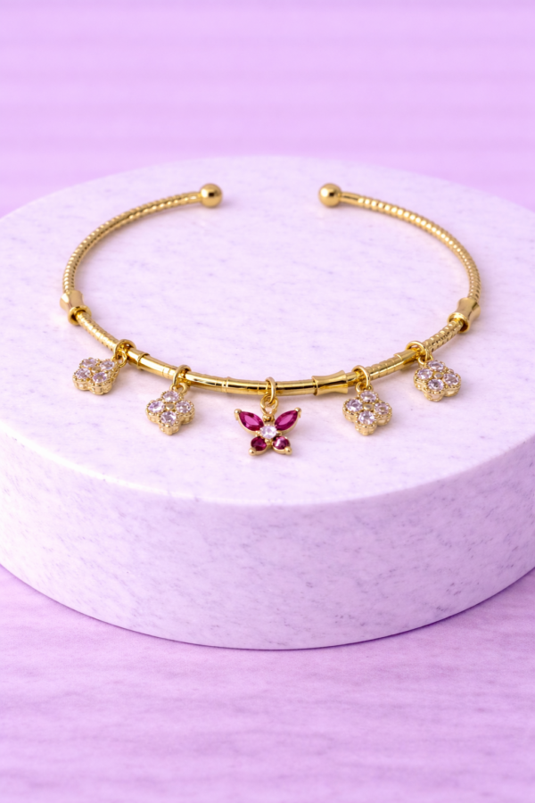 Bracelet Doré Charms Papillon Violet & Cristaux